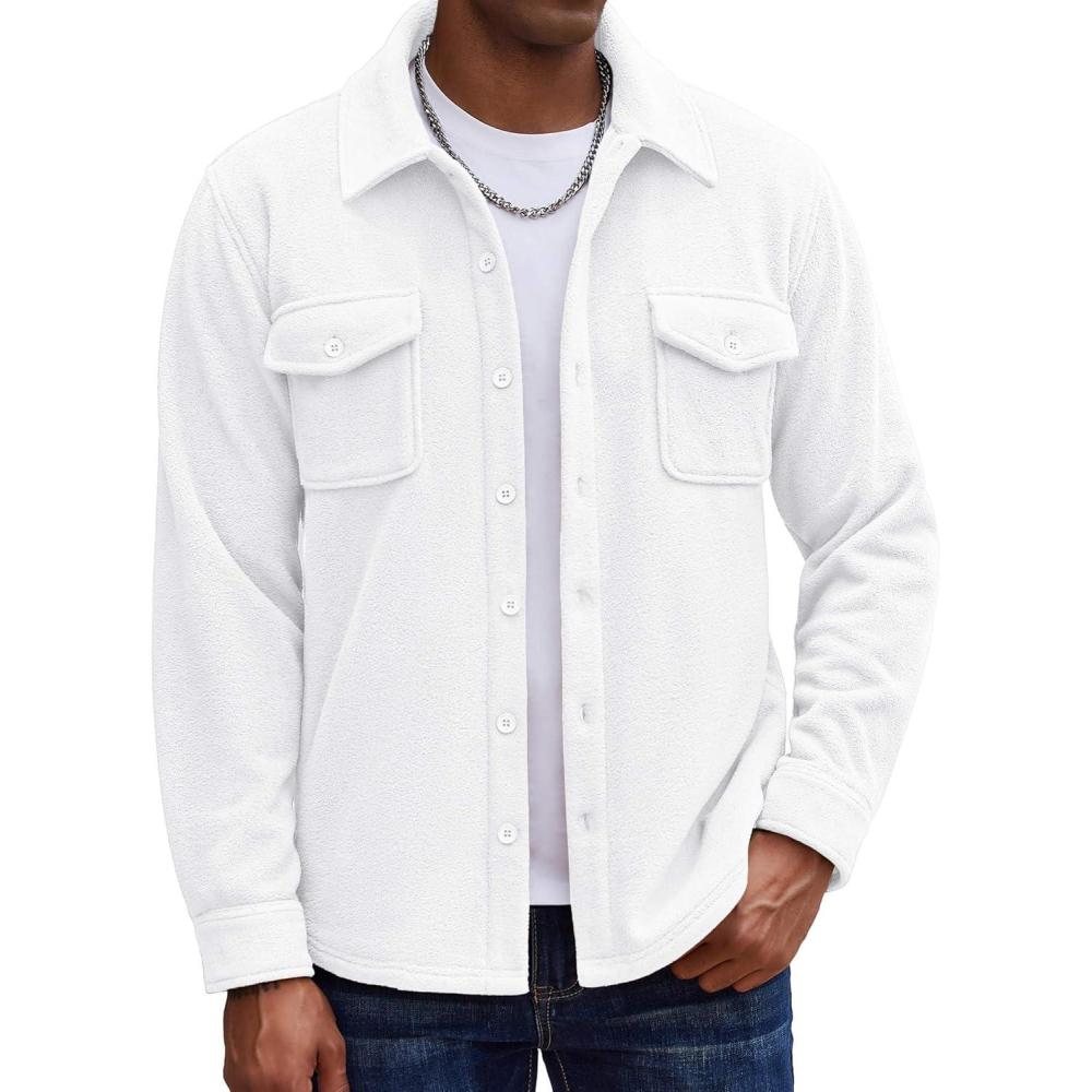 imageCOOFANDY Mens Polar Fleece Shirt Jacket Long Sleeve Casual Button Down Shirts Shacket with PocketsWhite