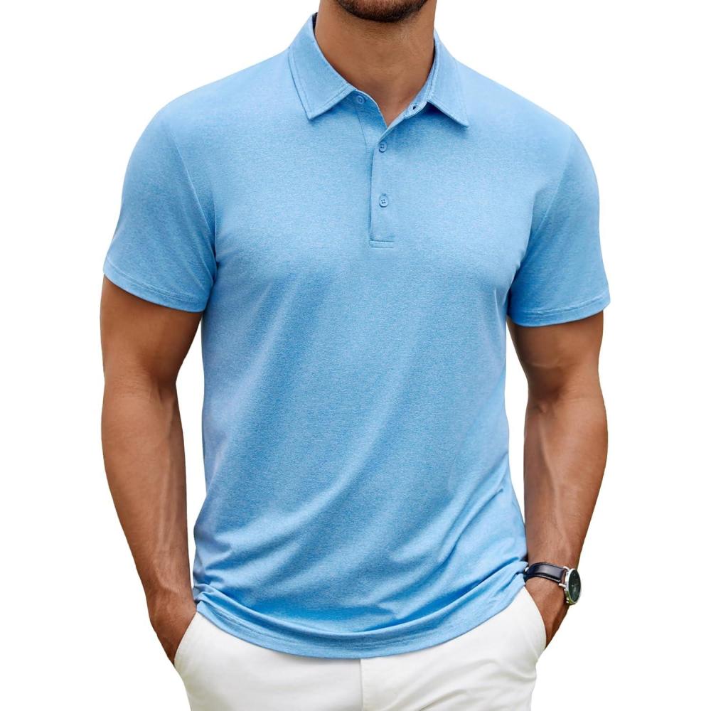 imageCOOFANDY Mens Polo Shirt Golf Quick Dry Performance Short Sleeve Moisture Wicking Athletic Polo Collared Tennis TShirtLight Blue