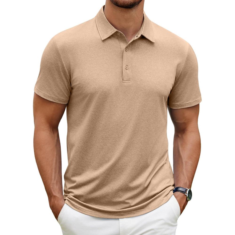 imageCOOFANDY Mens Polo Shirt Golf Quick Dry Performance Short Sleeve Moisture Wicking Athletic Polo Collared Tennis TShirtLight Brown