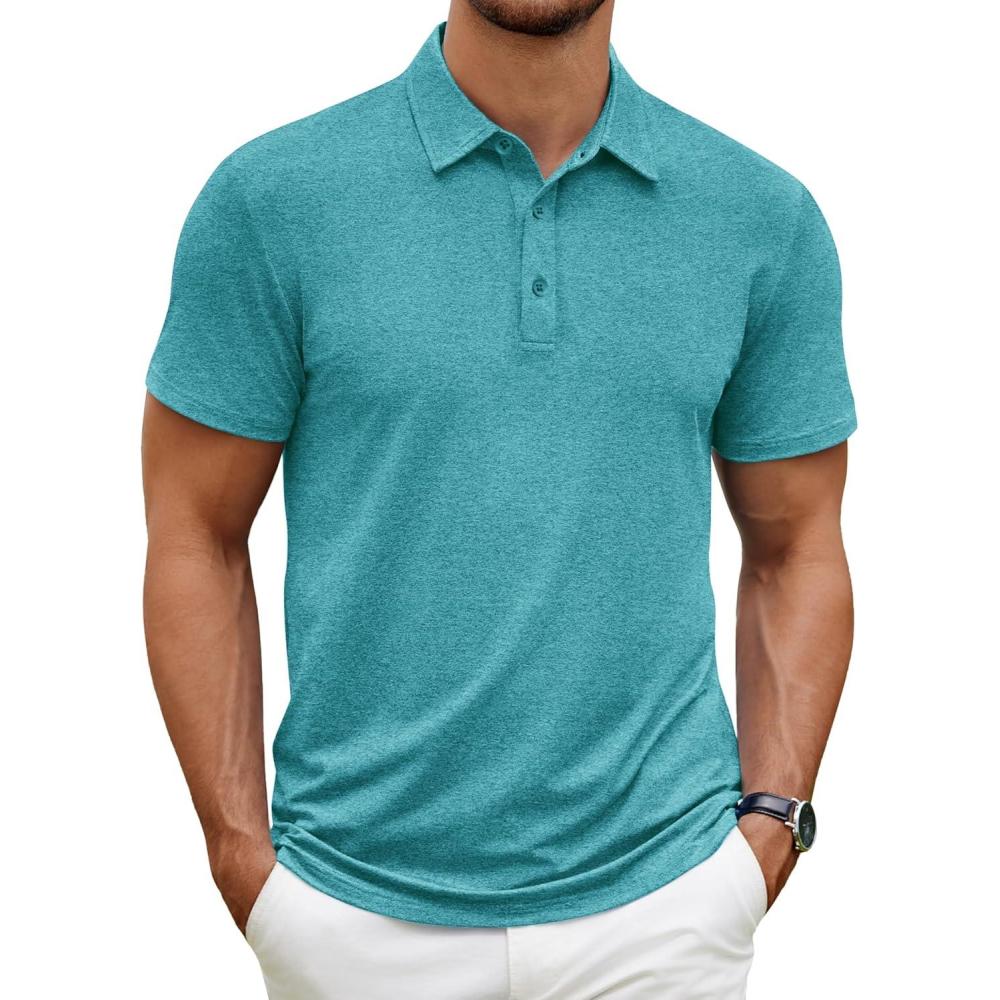 imageCOOFANDY Mens Polo Shirt Golf Quick Dry Performance Short Sleeve Moisture Wicking Athletic Polo Collared Tennis TShirtTeal Green
