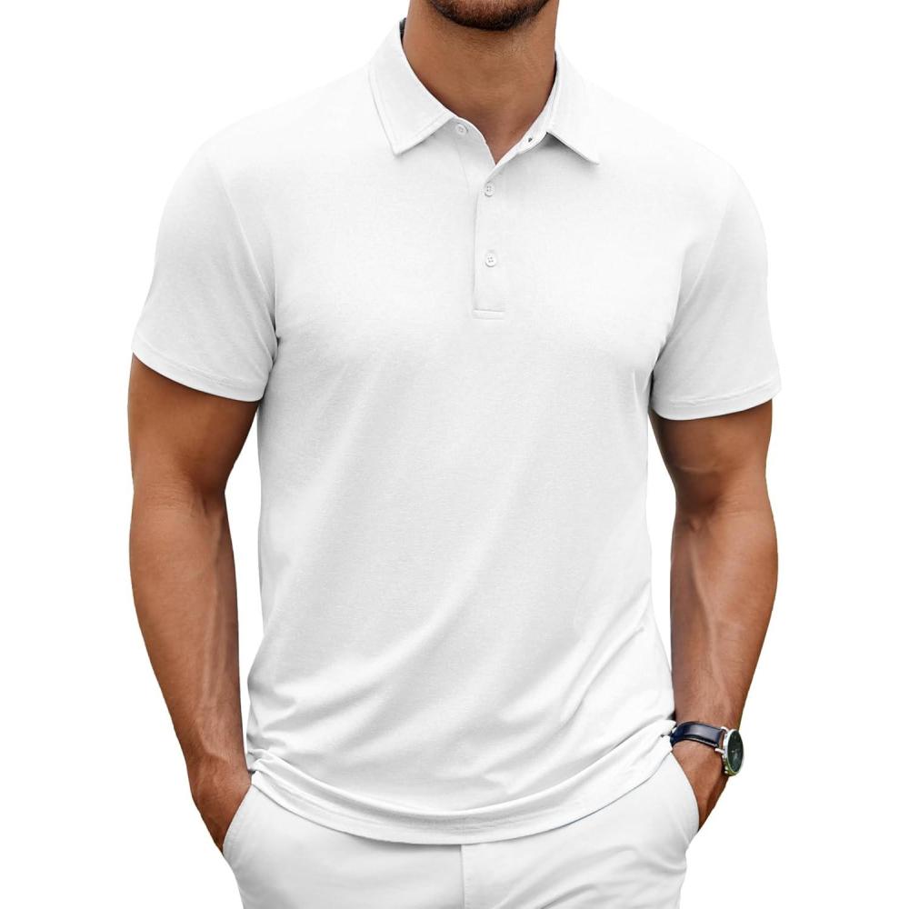 imageCOOFANDY Mens Polo Shirt Golf Quick Dry Performance Short Sleeve Moisture Wicking Athletic Polo Collared Tennis TShirtWhite