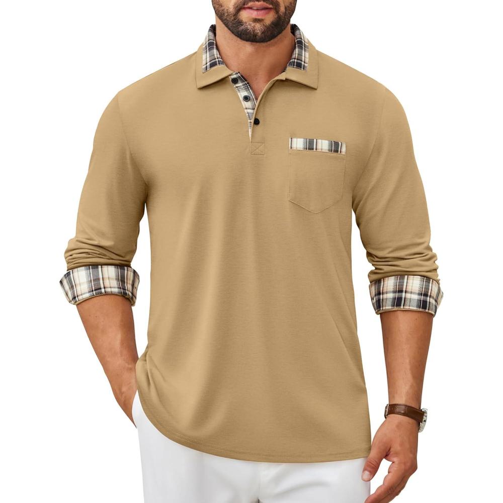 imageCOOFANDY Mens Polo Shirt Long Sleeve Casual Button Polo Tee Plaid Collared Golg Shirt with PocketCamel