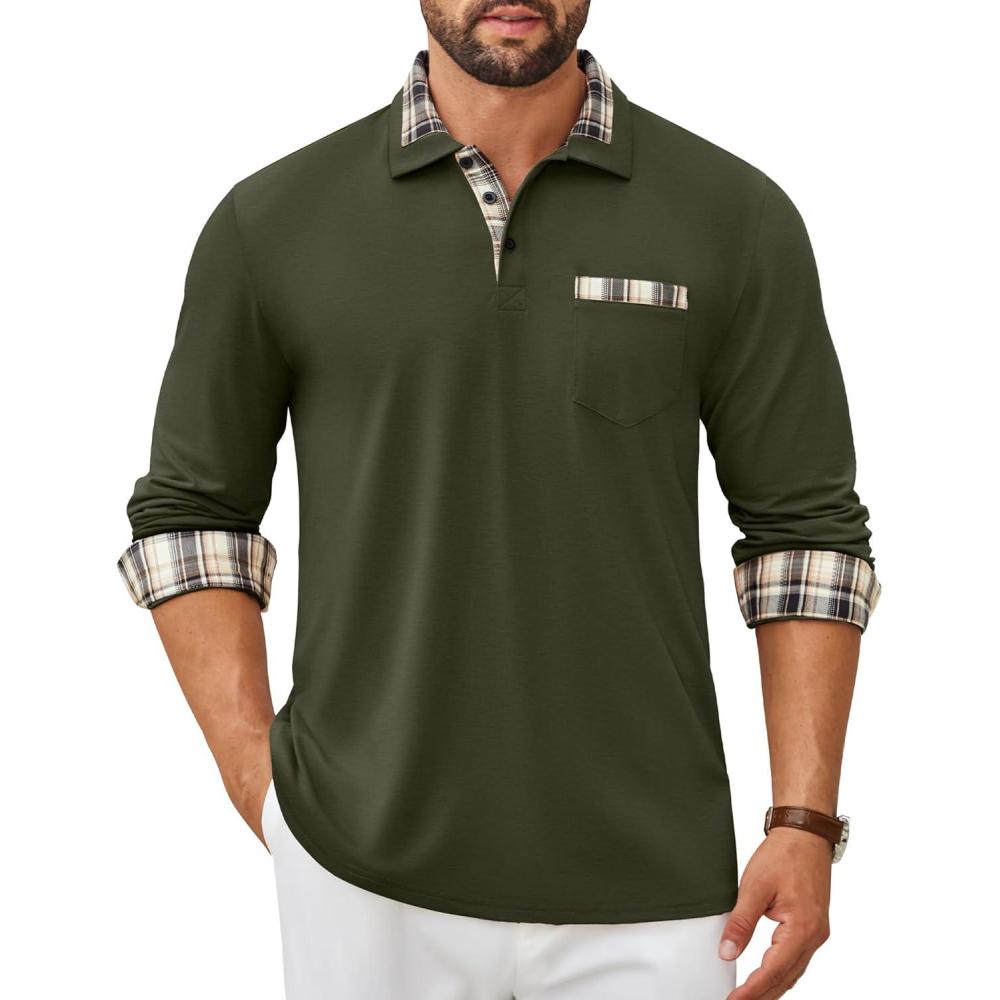 imageCOOFANDY Mens Polo Shirt Long Sleeve Casual Button Polo Tee Plaid Collared Golg Shirt with PocketDeep Army Green