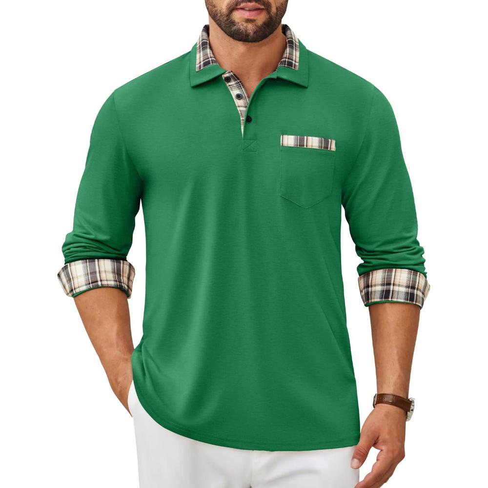 imageCOOFANDY Mens Polo Shirt Long Sleeve Casual Button Polo Tee Plaid Collared Golg Shirt with PocketGreen