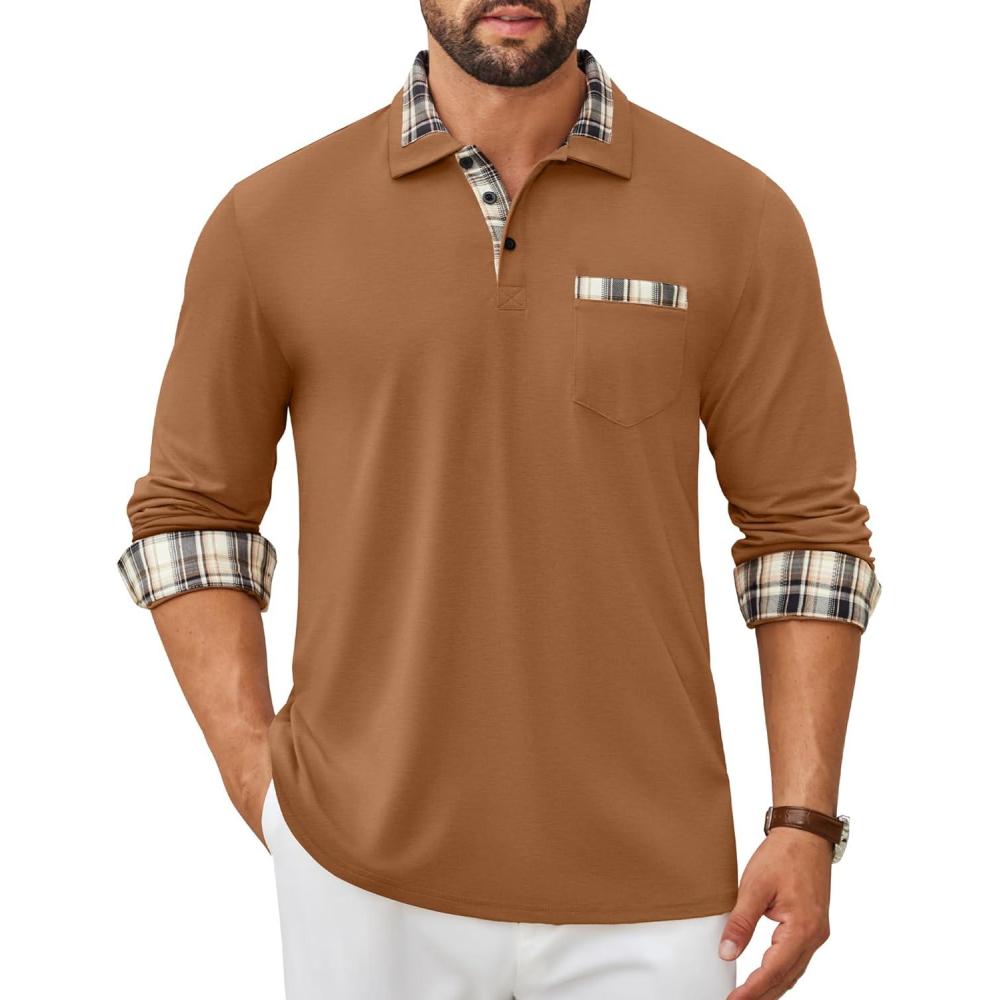 imageCOOFANDY Mens Polo Shirt Long Sleeve Casual Button Polo Tee Plaid Collared Golg Shirt with PocketLight Brown
