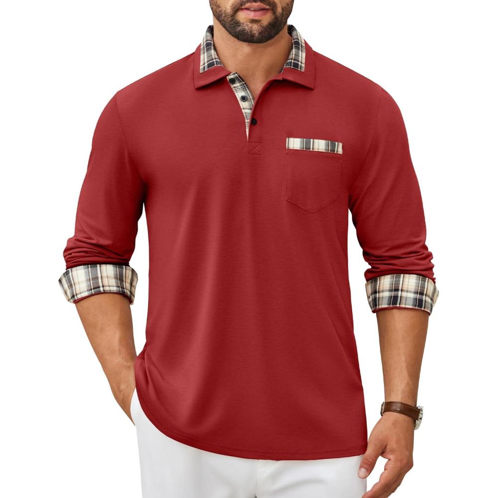 imageCOOFANDY Mens Polo Shirt Long Sleeve Casual Button Polo Tee Plaid Collared Golg Shirt with PocketRed