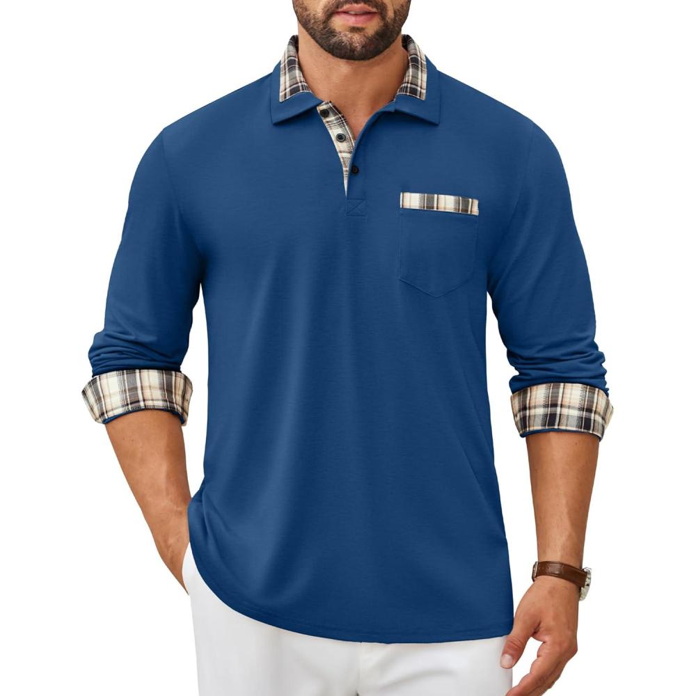 imageCOOFANDY Mens Polo Shirt Long Sleeve Casual Button Polo Tee Plaid Collared Golg Shirt with PocketRoyal Blue