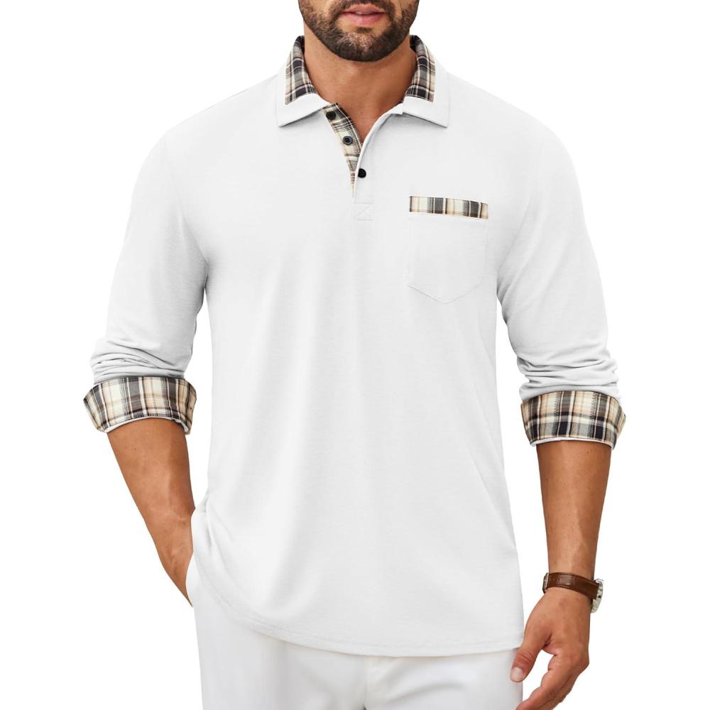 imageCOOFANDY Mens Polo Shirt Long Sleeve Casual Button Polo Tee Plaid Collared Golg Shirt with PocketWhite