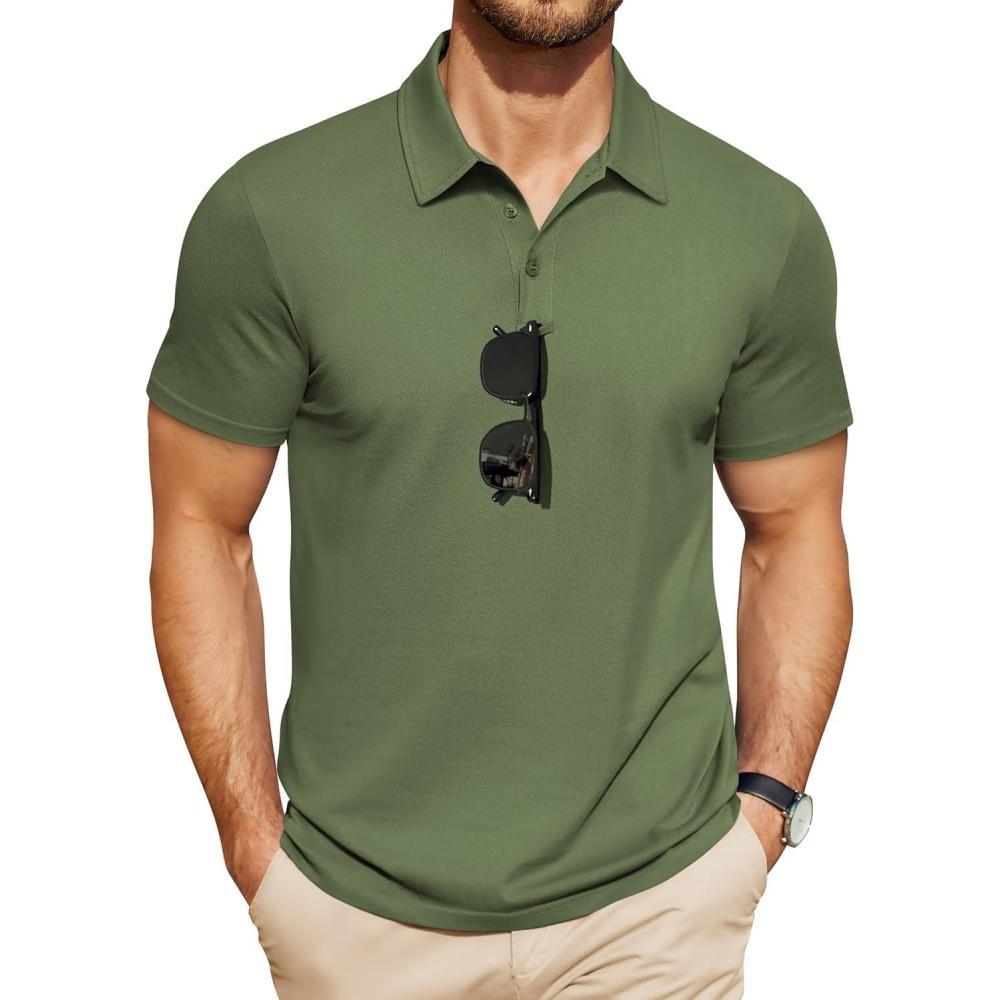 imageCOOFANDY Mens Polo Shirts Short Sleeve Pique Jersey Golf Shirt Casual Summer Collared TShirtsArmy Green