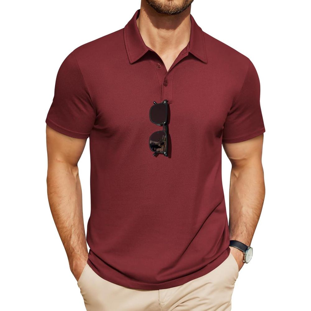 imageCOOFANDY Mens Polo Shirts Short Sleeve Pique Jersey Golf Shirt Casual Summer Collared TShirtsWine Red
