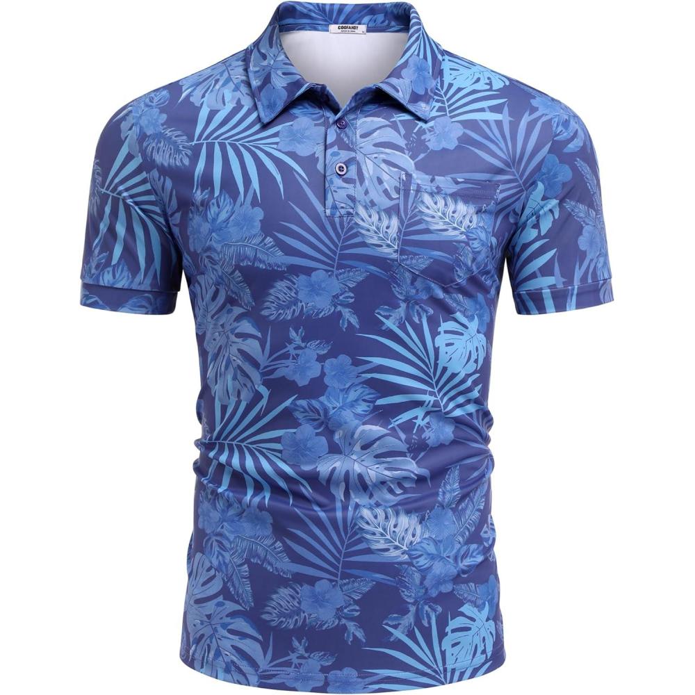 imageCOOFANDY Mens Polo Shirts Short Sleeve Print Performance Golf Shirts Fashion Casual Beach Collared TShirtsFloral Gray Blue