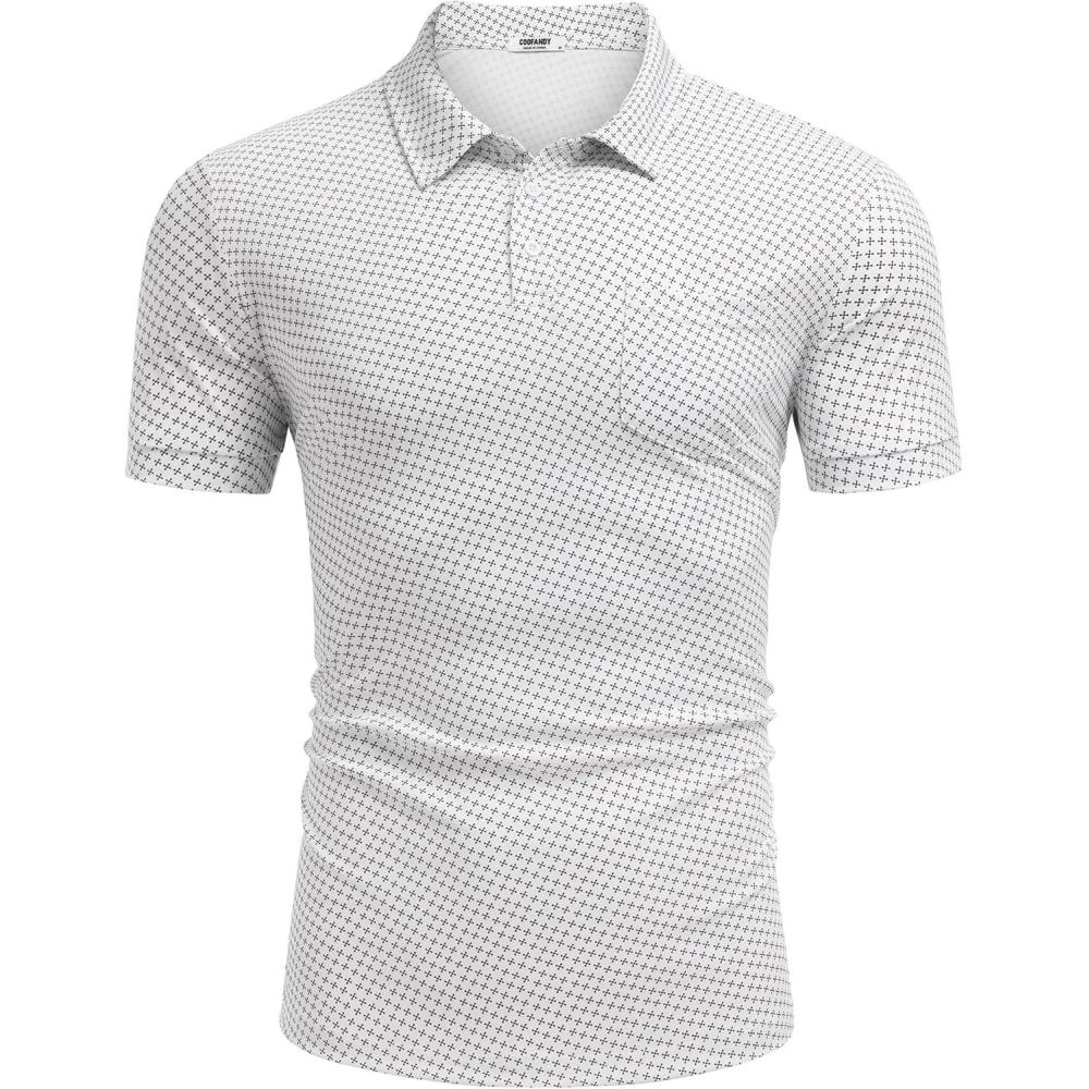 imageCOOFANDY Mens Polo Shirts Short Sleeve Print Performance Golf Shirts Fashion Casual Beach Collared TShirtsGeometric White  Black