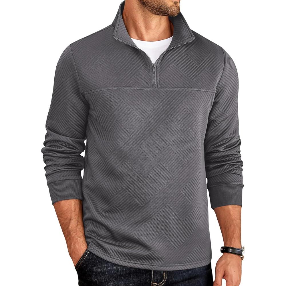 imageCOOFANDY Mens Quarter Zip Pullover Lightweight Textured TShirts Long Sleeve Casual Mock Neck Polo ShirtsDark Grey