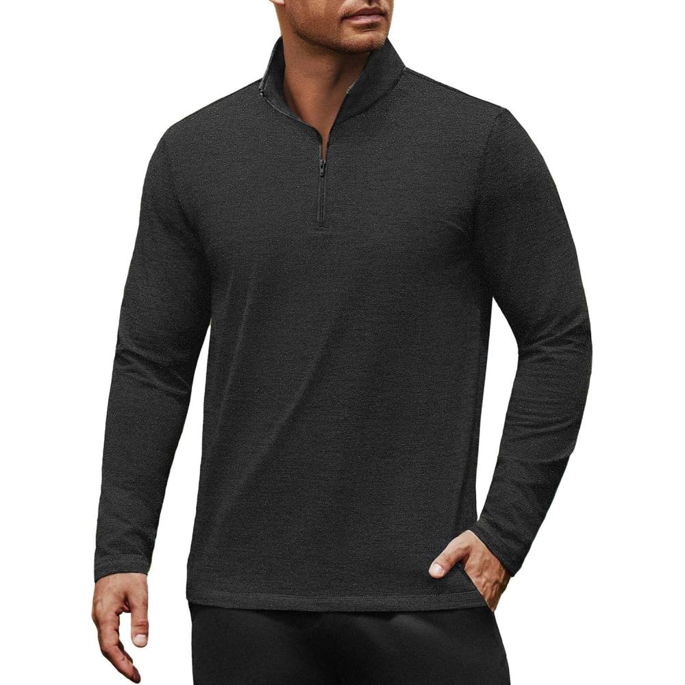 imageCOOFANDY Mens Quarter Zip Pullover Long Sleeve Sweatshirt 14 Zip Golf Shirt Winter Fleece Lined Thermal PulloverBlack