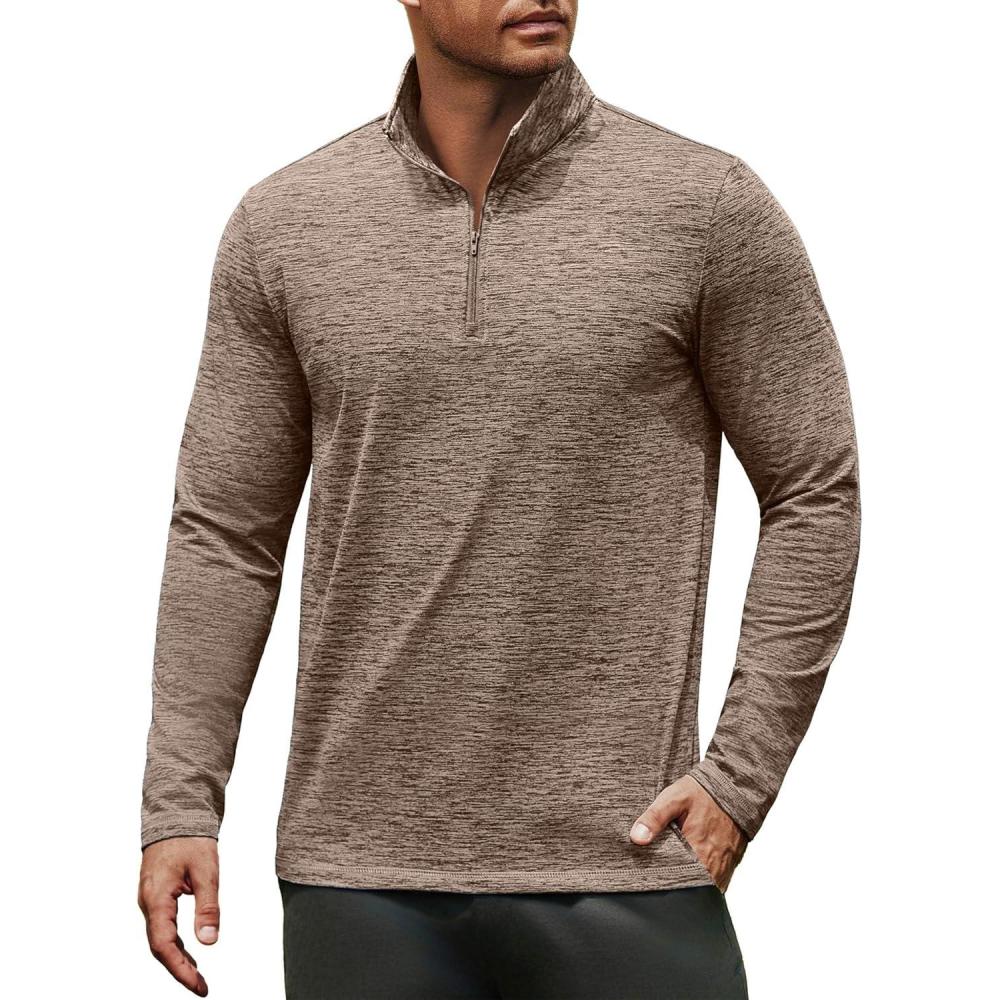 imageCOOFANDY Mens Quarter Zip Pullover Long Sleeve Sweatshirt 14 Zip Golf Shirt Winter Fleece Lined Thermal PulloverBrown