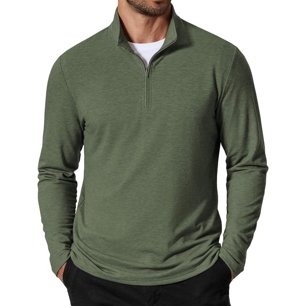 imageCOOFANDY Mens Quarter Zip Pullover Mock Neck Golf Shirts Casual Long Sleeve ShirtArmy Green