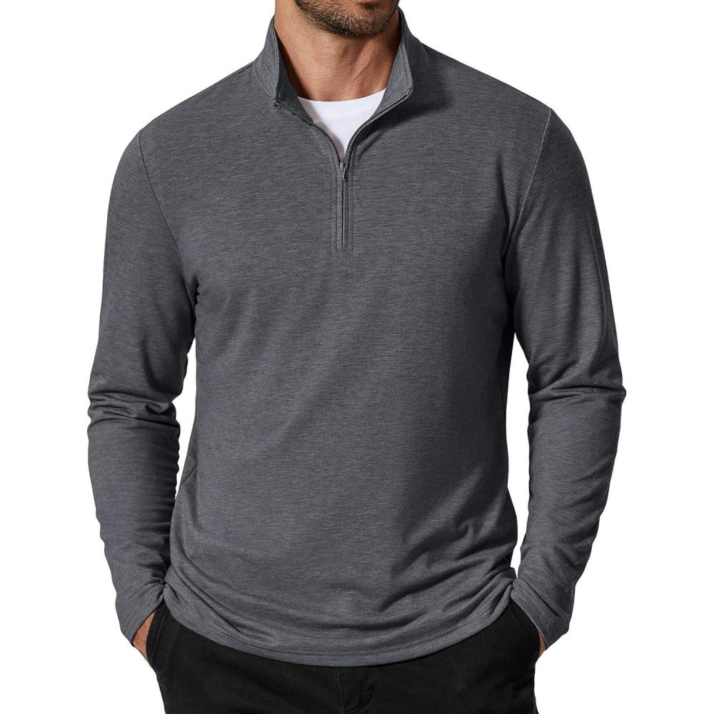 imageCOOFANDY Mens Quarter Zip Pullover Mock Neck Golf Shirts Casual Long Sleeve ShirtLight Grey