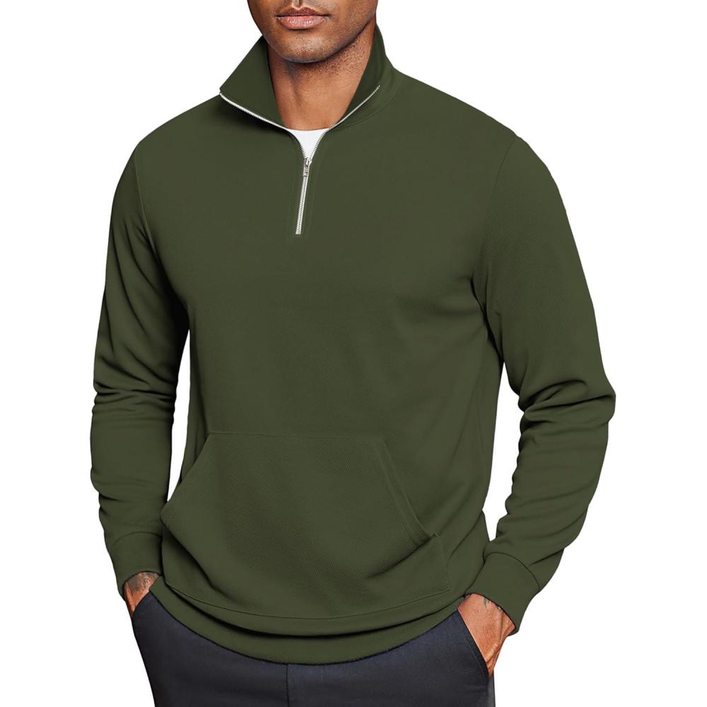 imageCOOFANDY Mens Quarter Zip Pullover Mock Neck Sweatshirt Long Sleeve Sweater Polo Half Zip Pullover with PocketArmy Green