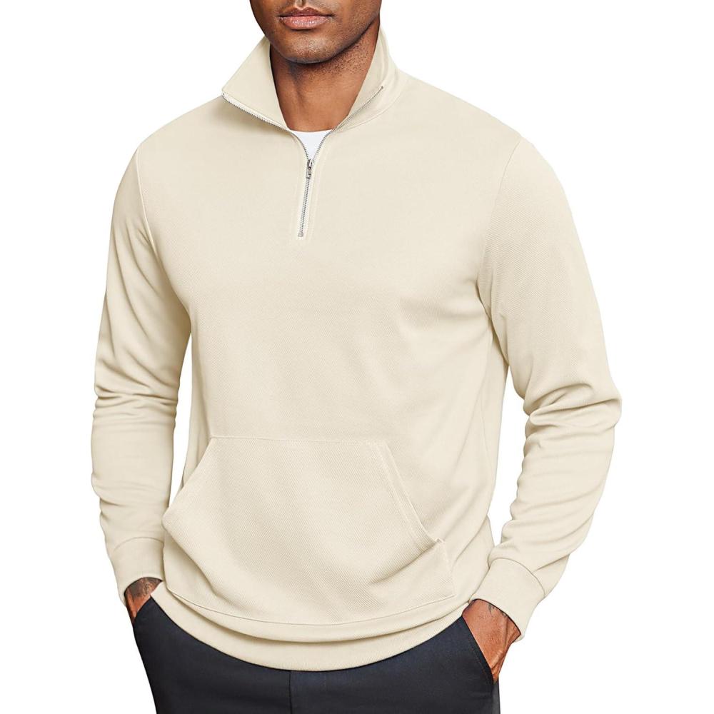 imageCOOFANDY Mens Quarter Zip Pullover Mock Neck Sweatshirt Long Sleeve Sweater Polo Half Zip Pullover with PocketBeige