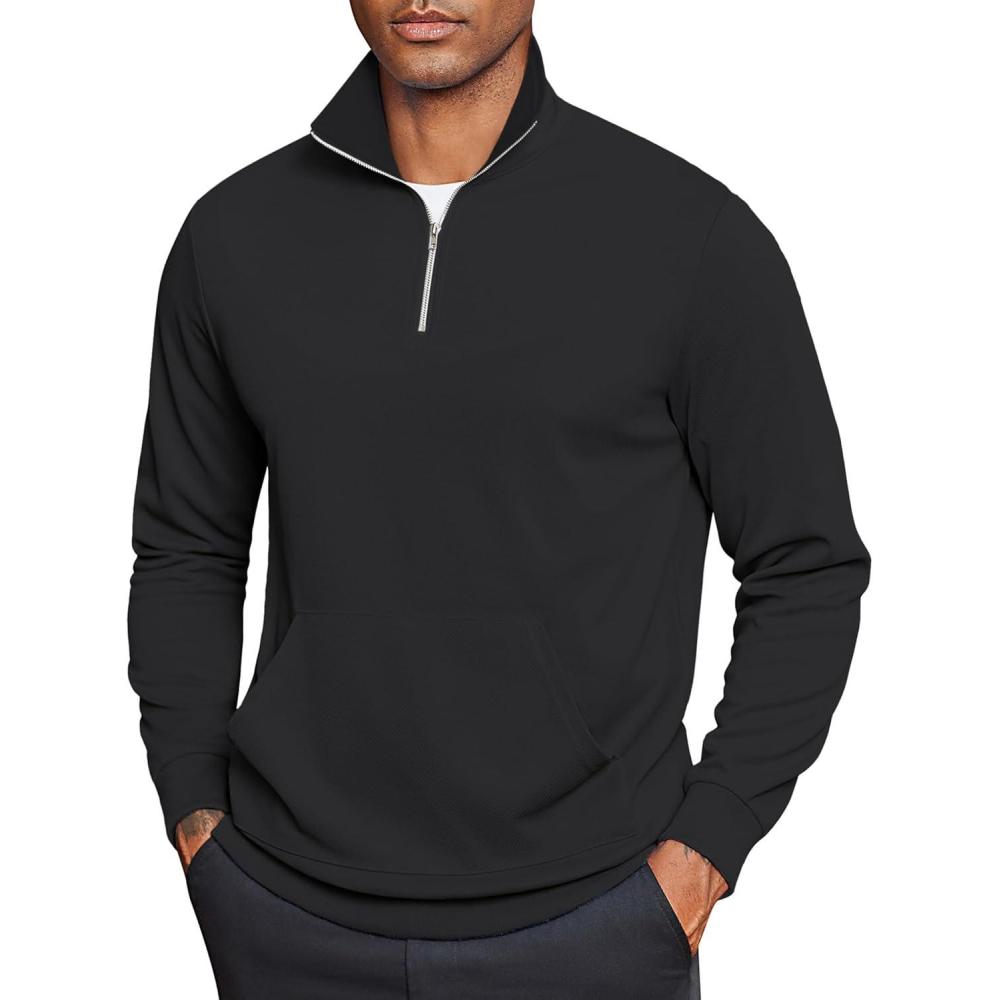 imageCOOFANDY Mens Quarter Zip Pullover Mock Neck Sweatshirt Long Sleeve Sweater Polo Half Zip Pullover with PocketBlack
