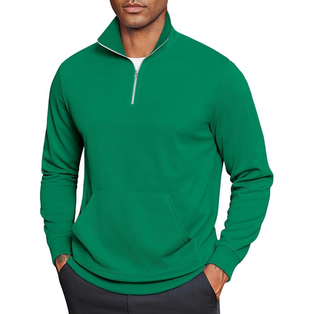 imageCOOFANDY Mens Quarter Zip Pullover Mock Neck Sweatshirt Long Sleeve Sweater Polo Half Zip Pullover with PocketDark Green