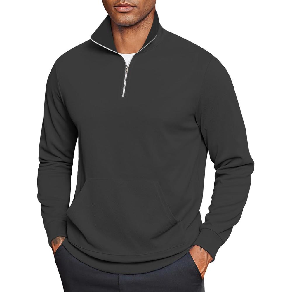 imageCOOFANDY Mens Quarter Zip Pullover Mock Neck Sweatshirt Long Sleeve Sweater Polo Half Zip Pullover with PocketDark Grey