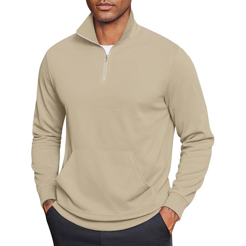 imageCOOFANDY Mens Quarter Zip Pullover Mock Neck Sweatshirt Long Sleeve Sweater Polo Half Zip Pullover with PocketKhaki