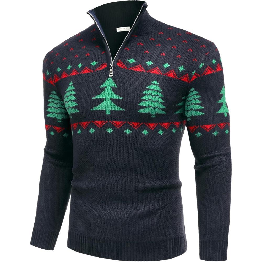 imageCOOFANDY Mens Quarter Zip Pullover Sweater Casual Zip Up Polo Sweater KnitBlack and Green Christmas Tree