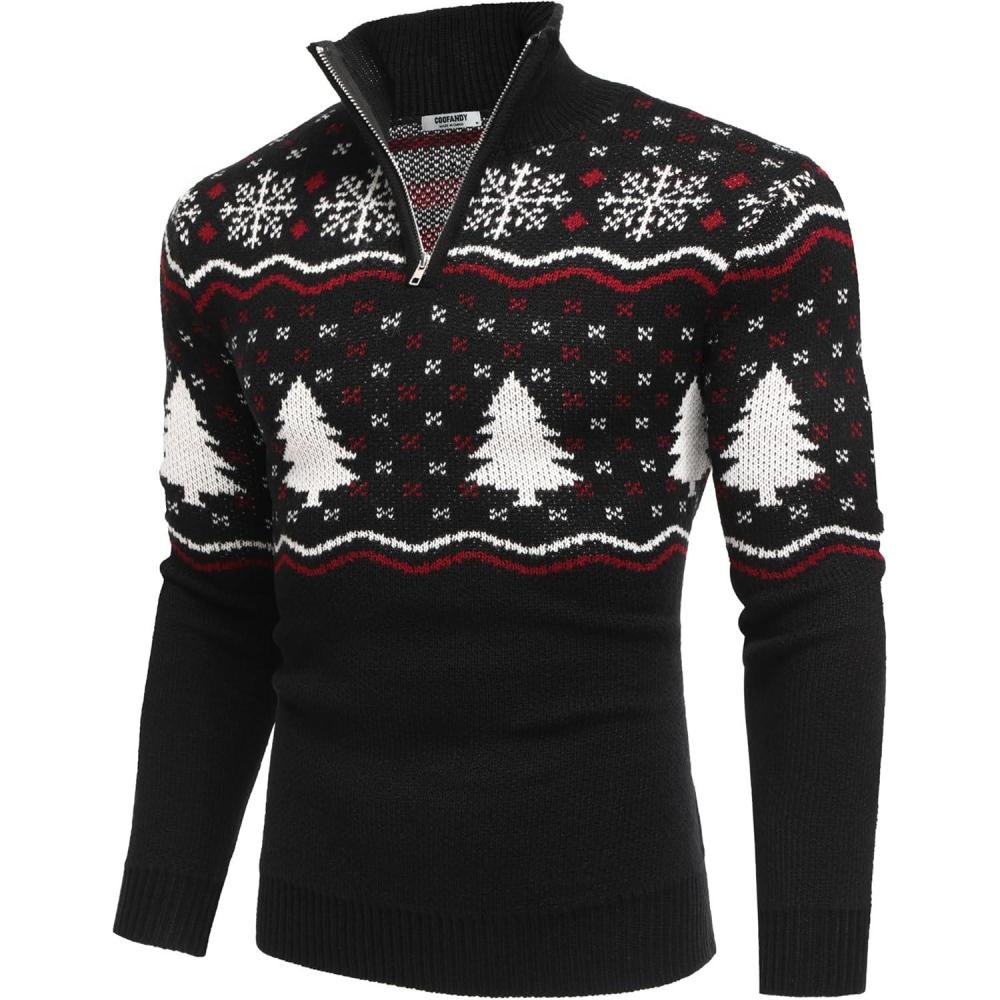 imageCOOFANDY Mens Quarter Zip Pullover Sweater Casual Zip Up Polo Sweater KnitBlack and White Snowflakes Christmas Tree