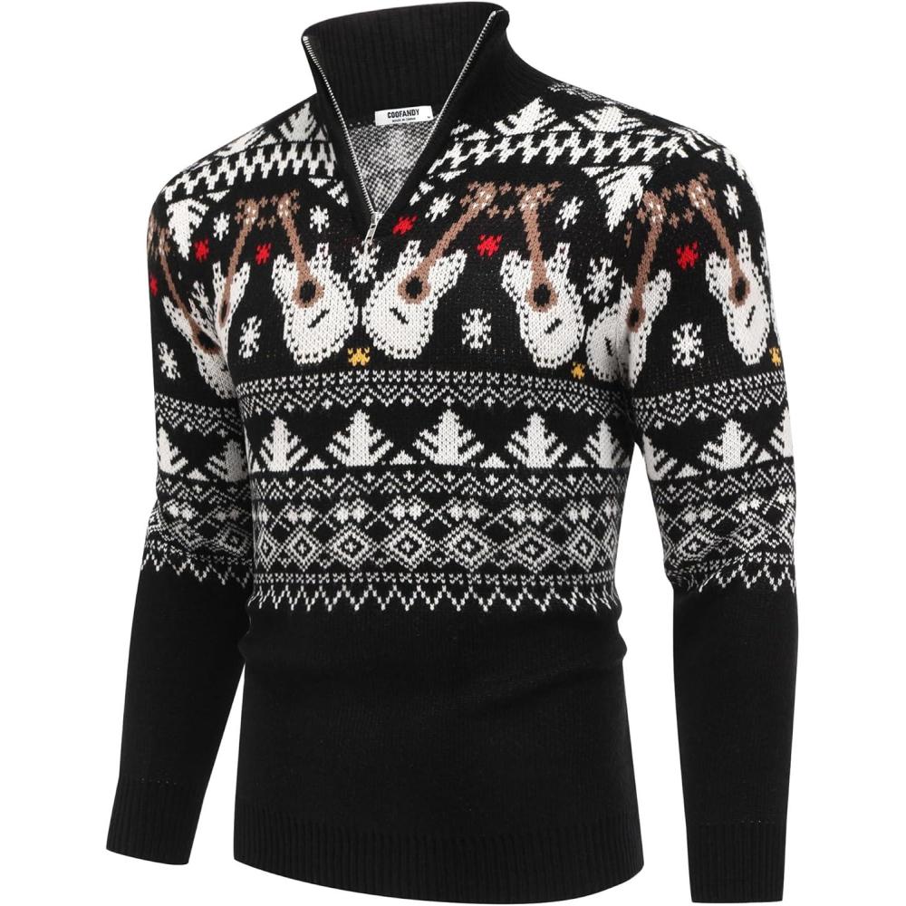 imageCOOFANDY Mens Quarter Zip Pullover Sweater Casual Zip Up Polo Sweater KnitChristmas Guitar