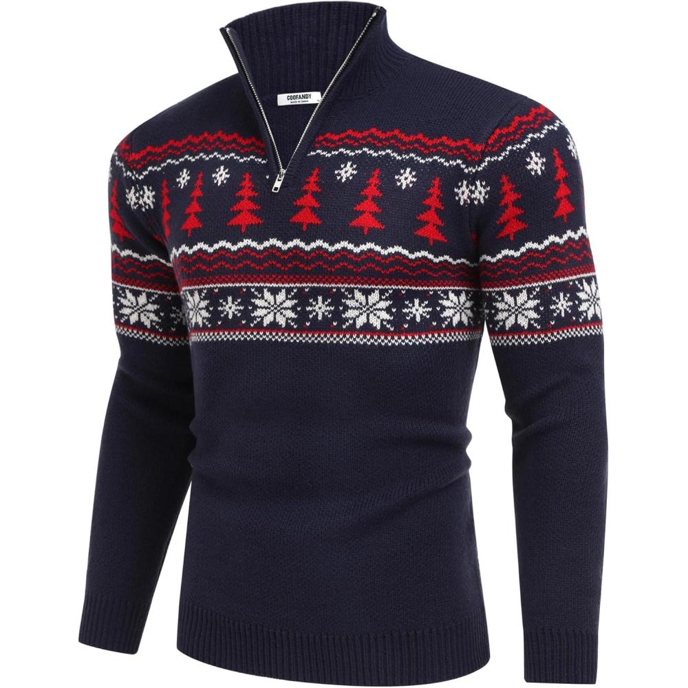 imageCOOFANDY Mens Quarter Zip Pullover Sweater Casual Zip Up Polo Sweater KnitNavy Blue and Christmas Tree