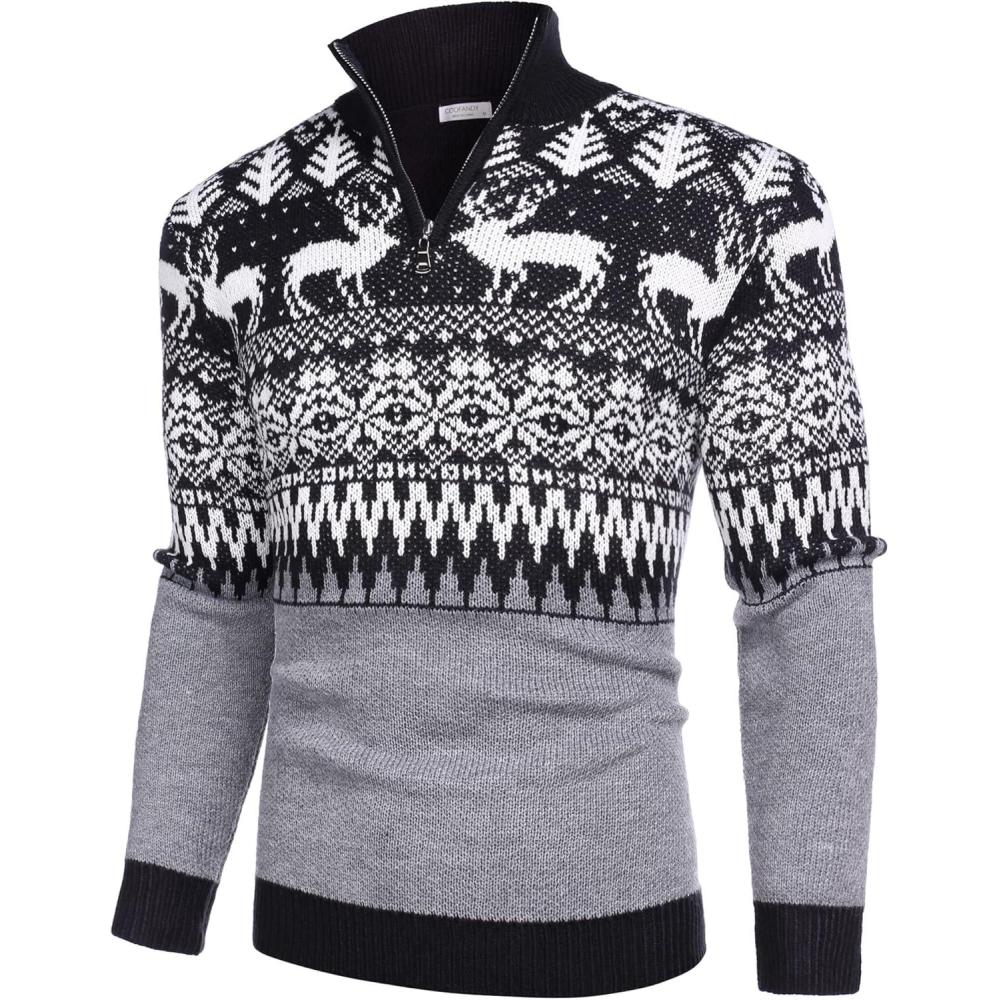 imageCOOFANDY Mens Quarter Zip Pullover Sweater Casual Zip Up Polo Sweater KnitPat1 Christmas