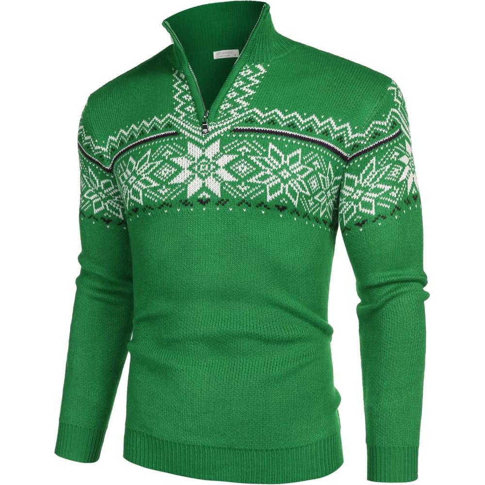 imageCOOFANDY Mens Quarter Zip Pullover Sweater Casual Zip Up Polo Sweater KnitPat11 Snowflakes Green