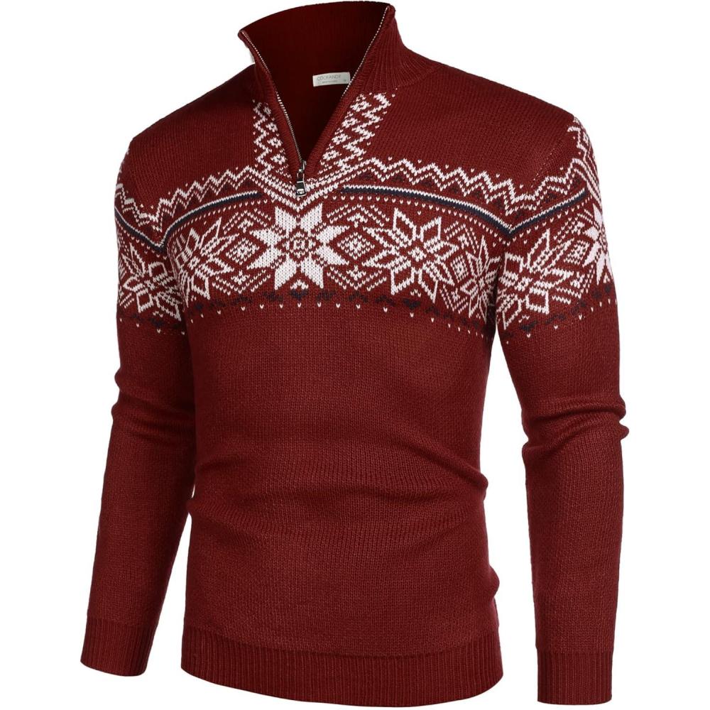 imageCOOFANDY Mens Quarter Zip Pullover Sweater Casual Zip Up Polo Sweater KnitPat12 Dark Red