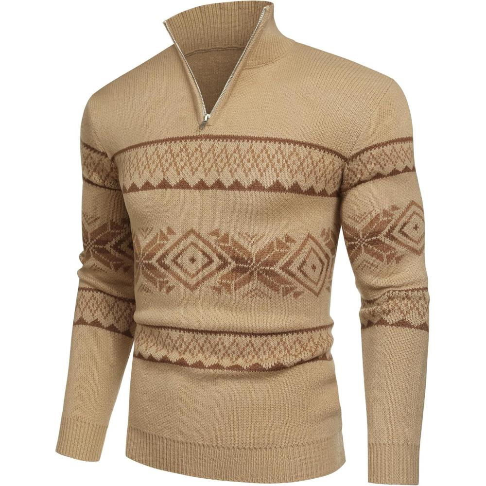 imageCOOFANDY Mens Quarter Zip Pullover Sweater Casual Zip Up Polo Sweater KnitPat13 Khaki