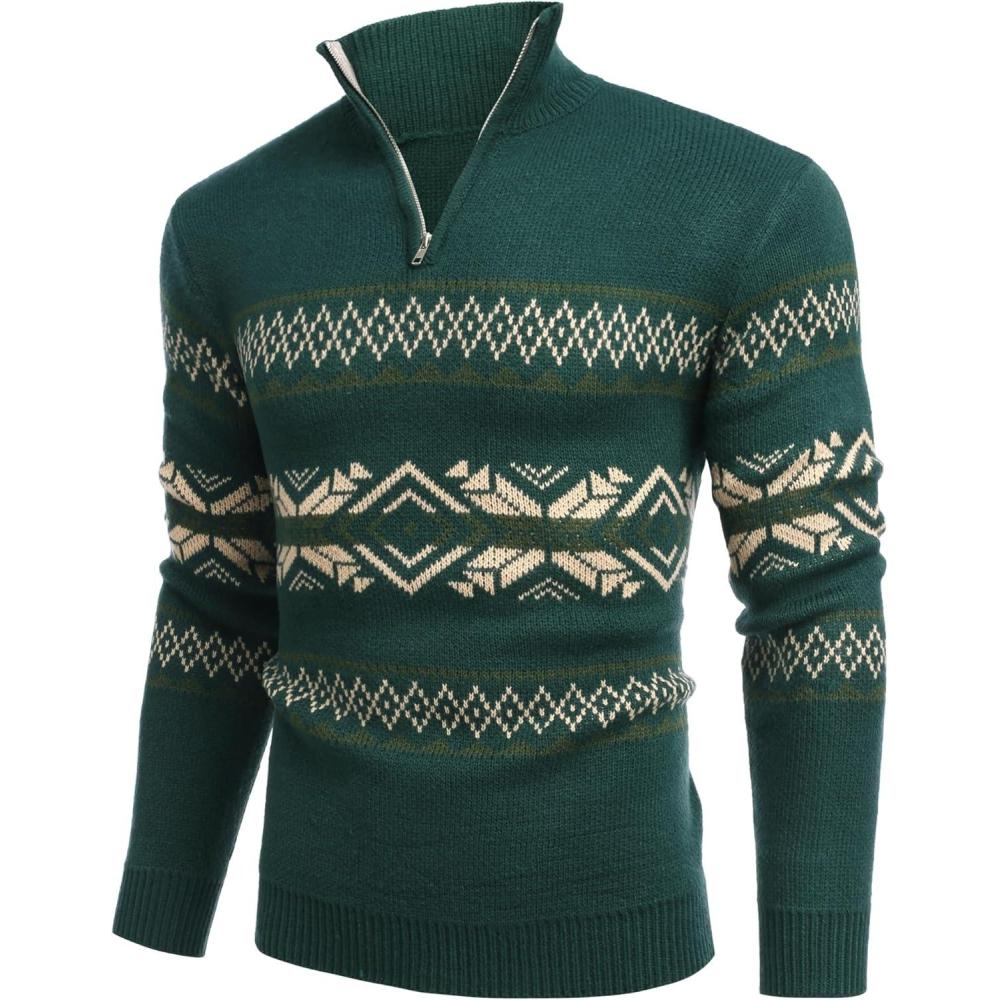 imageCOOFANDY Mens Quarter Zip Pullover Sweater Casual Zip Up Polo Sweater KnitPat14 Green