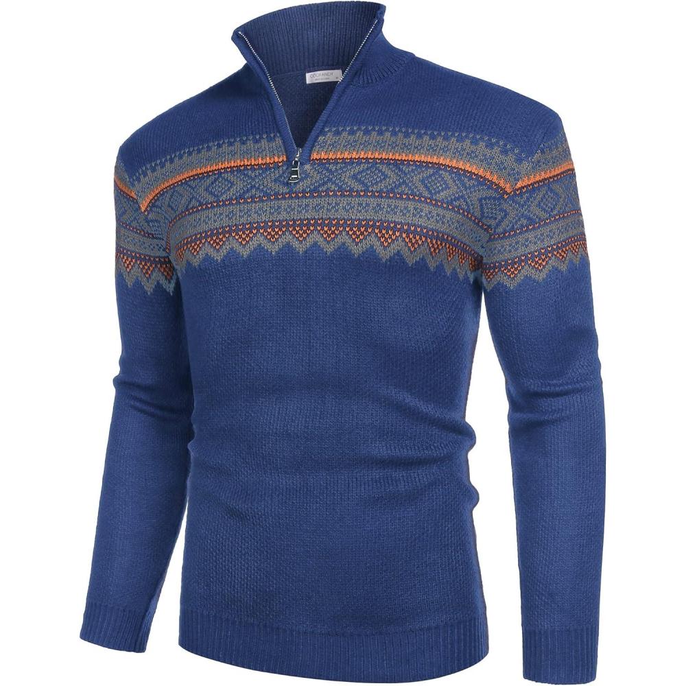 imageCOOFANDY Mens Quarter Zip Pullover Sweater Casual Zip Up Polo Sweater KnitPat9 Royal Blue