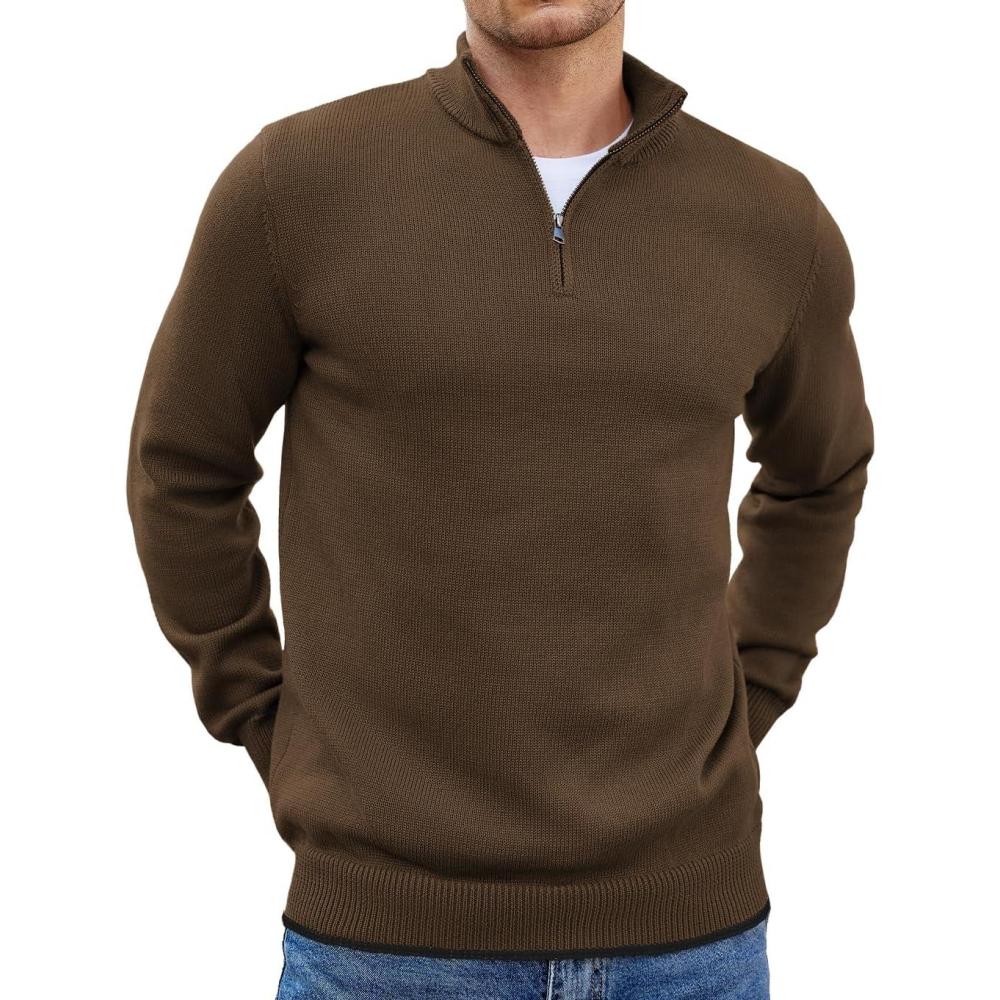 imageCOOFANDY Mens Quarter Zip Up Pullover Slim Fit Lightweight Mock Neck Long Sleeve SweatersBrown