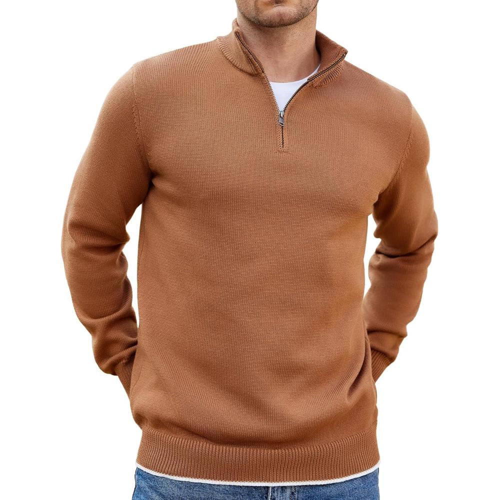 imageCOOFANDY Mens Quarter Zip Up Pullover Slim Fit Lightweight Mock Neck Long Sleeve SweatersLight Brown
