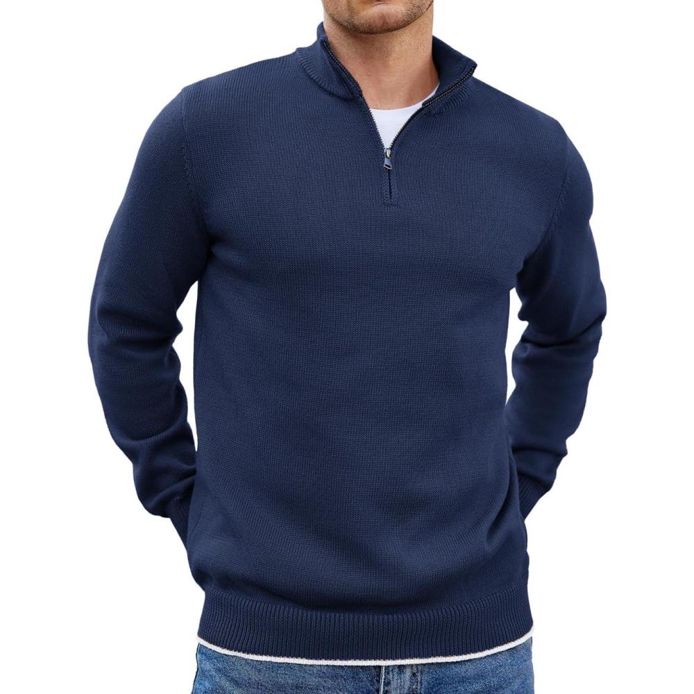 imageCOOFANDY Mens Quarter Zip Up Pullover Slim Fit Lightweight Mock Neck Long Sleeve SweatersNavy Blue