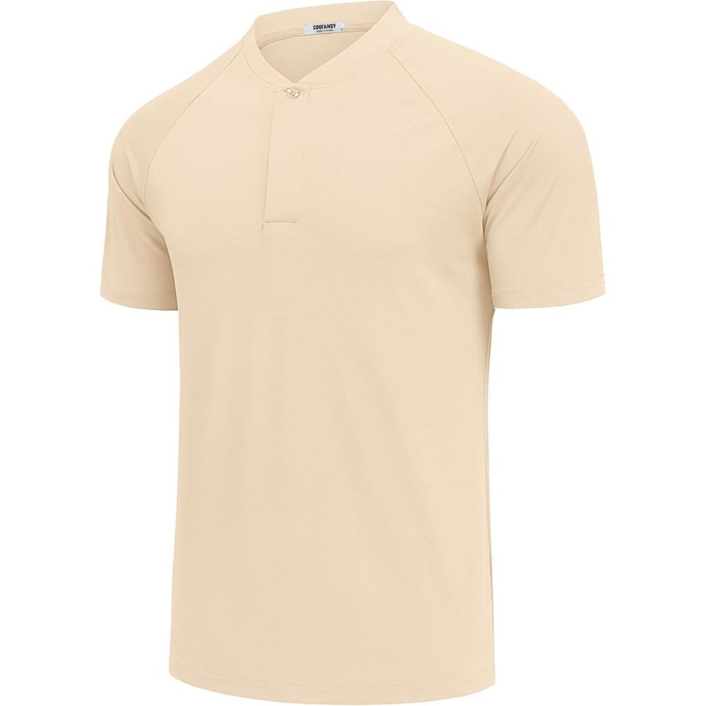 imageCOOFANDY Mens Quick Dry Golf Polo Shirts Short Sleeve Henley Shirt Active Athletic Collarless Sports T ShirtsBeige