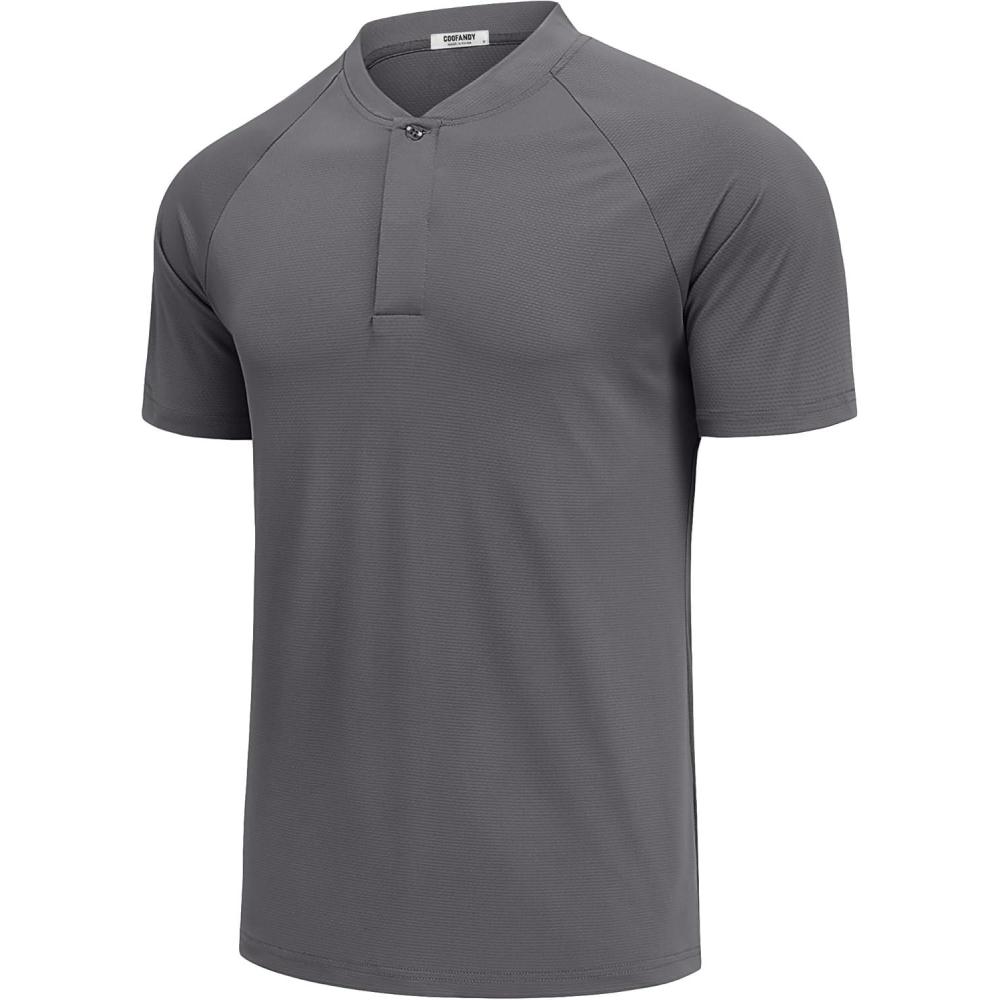 imageCOOFANDY Mens Quick Dry Golf Polo Shirts Short Sleeve Henley Shirt Active Athletic Collarless Sports T ShirtsDark Grey1