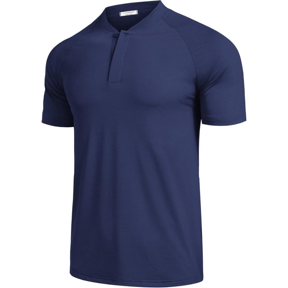 imageCOOFANDY Mens Quick Dry Golf Polo Shirts Short Sleeve Henley Shirt Active Athletic Collarless Sports T ShirtsNavy Blue