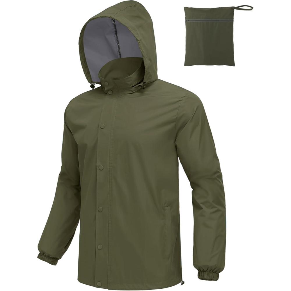 imageCOOFANDY Mens Rain Jacket Waterproof Packable Raincoat Lightweight Rain Shell Hood Travel Golf Hiking Cycling Zip PocketsArmy Green