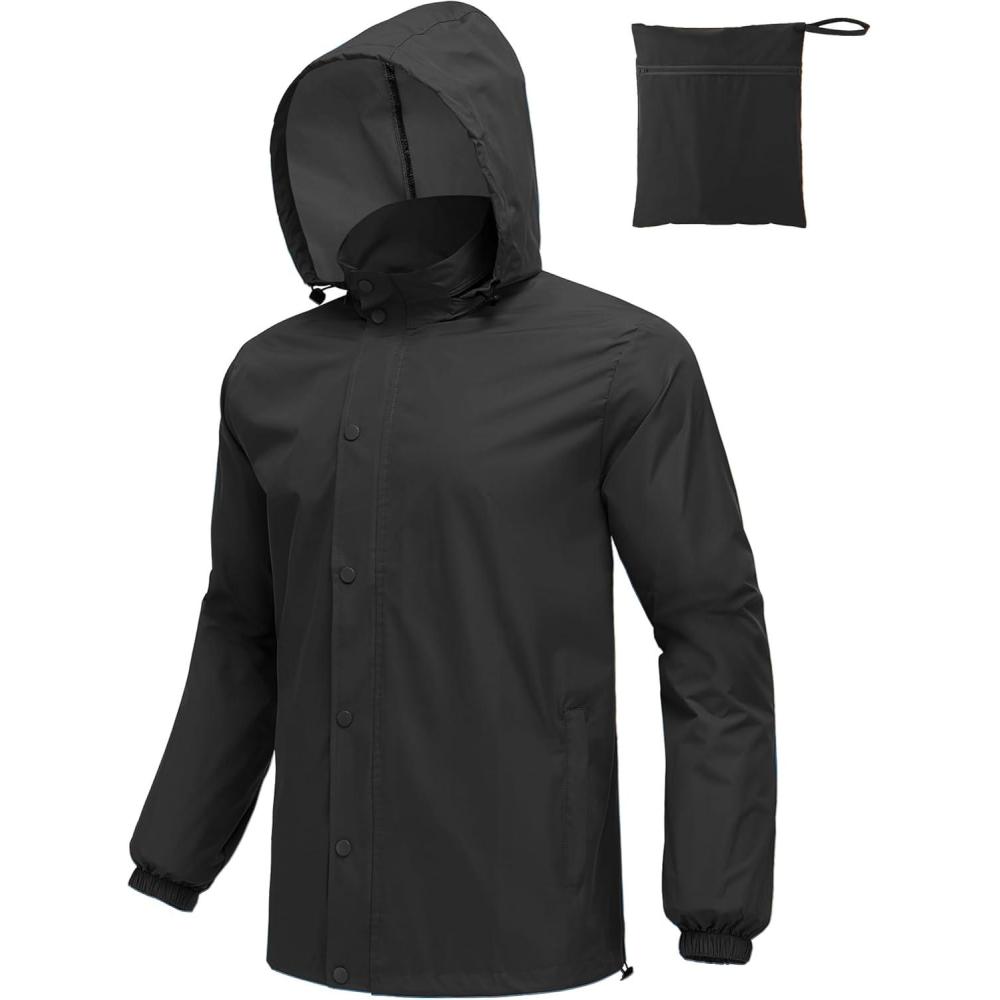 imageCOOFANDY Mens Rain Jacket Waterproof Packable Raincoat Lightweight Rain Shell Hood Travel Golf Hiking Cycling Zip PocketsBlack