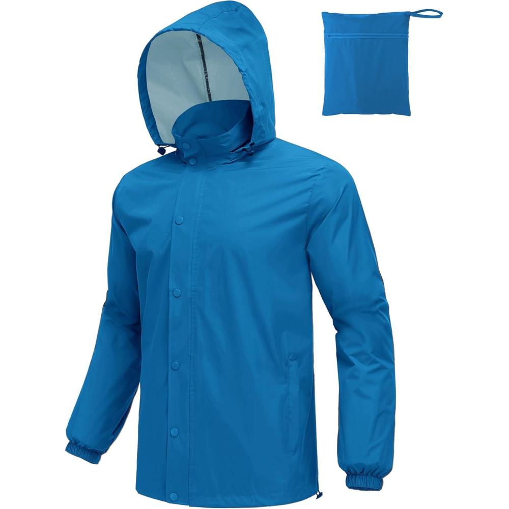 imageCOOFANDY Mens Rain Jacket Waterproof Packable Raincoat Lightweight Rain Shell Hood Travel Golf Hiking Cycling Zip PocketsBright Blue