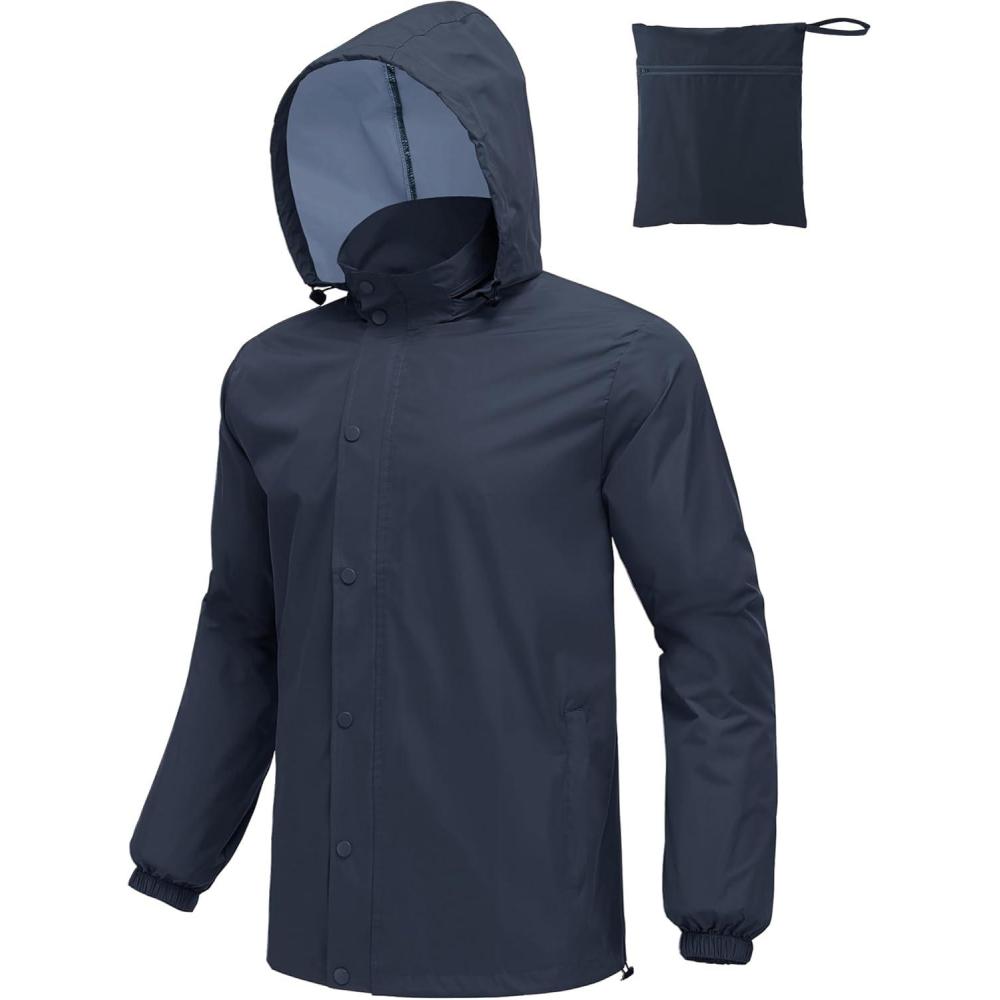 imageCOOFANDY Mens Rain Jacket Waterproof Packable Raincoat Lightweight Rain Shell Hood Travel Golf Hiking Cycling Zip PocketsDark Blue