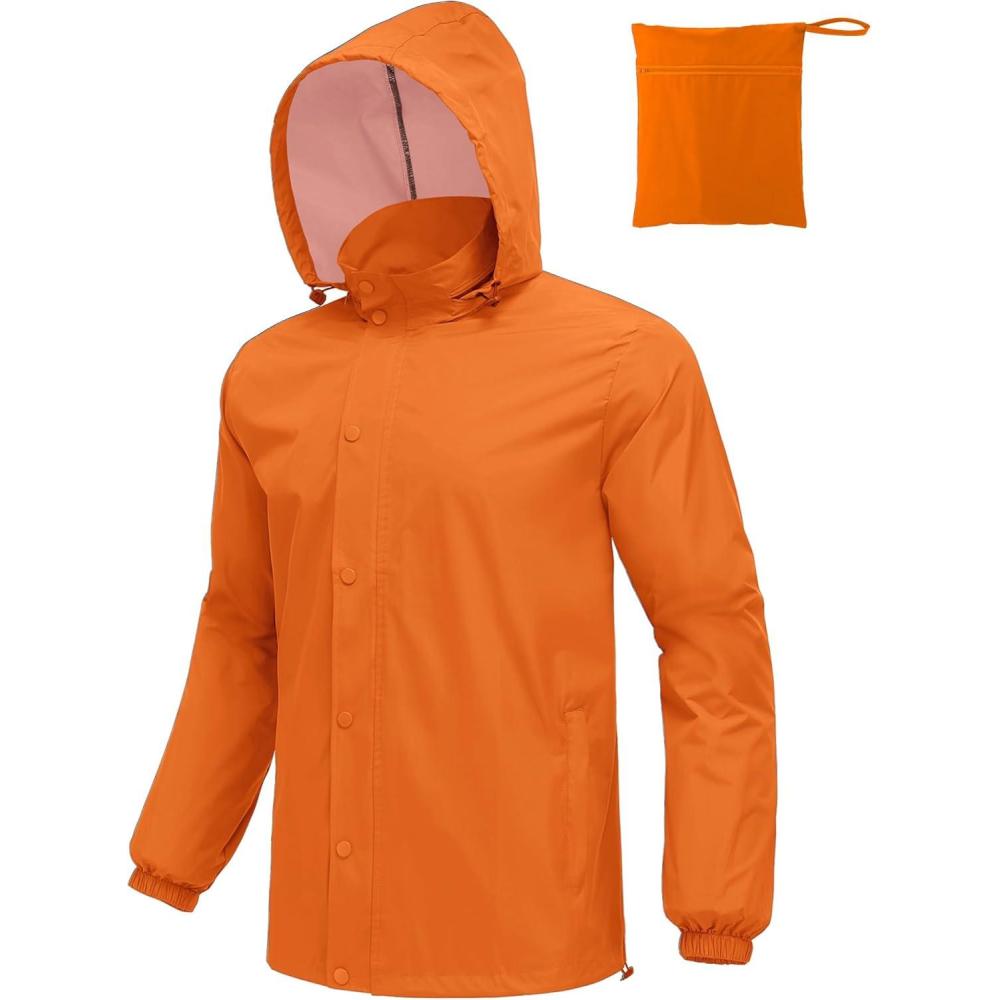 imageCOOFANDY Mens Rain Jacket Waterproof Packable Raincoat Lightweight Rain Shell Hood Travel Golf Hiking Cycling Zip PocketsOrange
