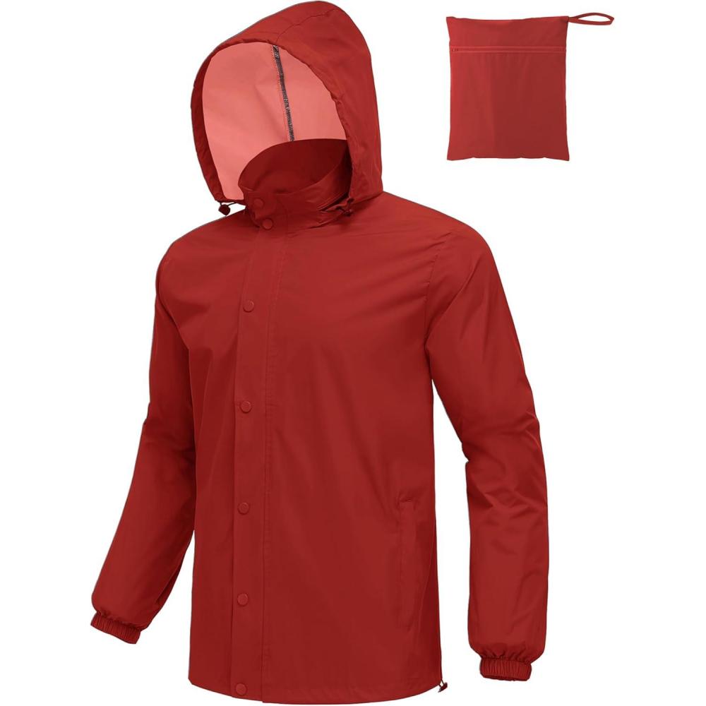 imageCOOFANDY Mens Rain Jacket Waterproof Packable Raincoat Lightweight Rain Shell Hood Travel Golf Hiking Cycling Zip PocketsRed