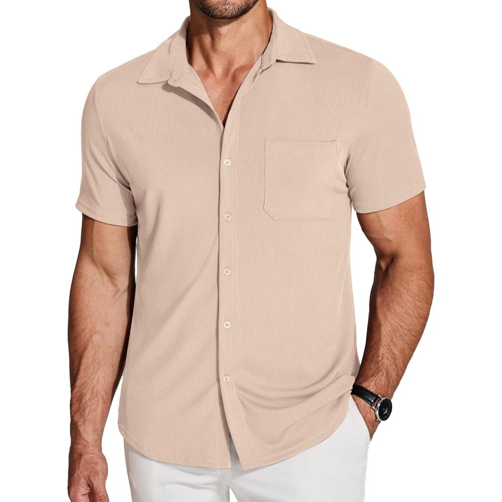 imageCOOFANDY Mens Ribbed Button Down Shirts Short Sleeve Casual Shirt with Pocket Summer Beach Camp TopsKhaki